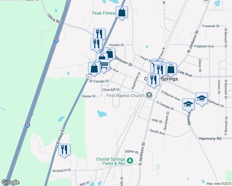 map of restaurants, bars, coffee shops, grocery stores, and more near 210 Copley Street in Crystal Springs