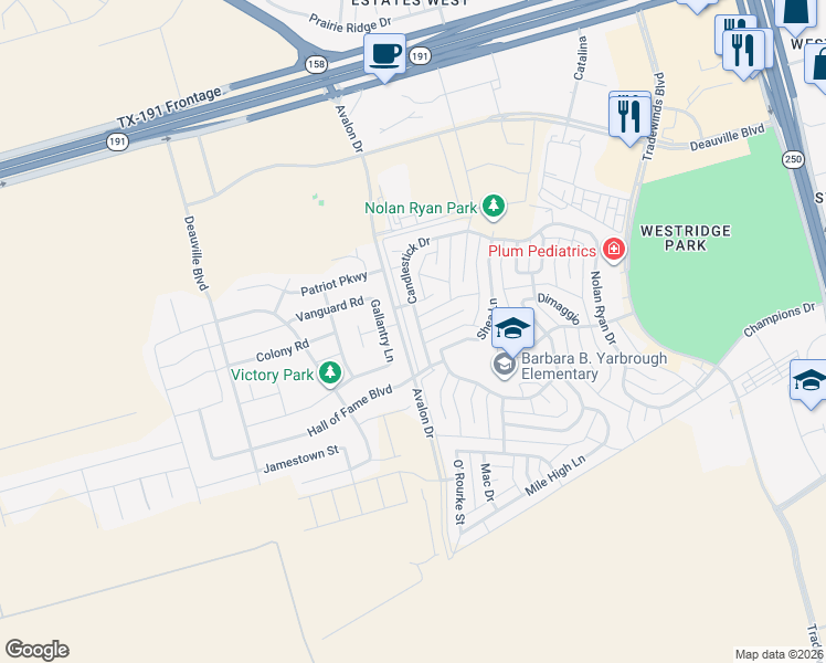 map of restaurants, bars, coffee shops, grocery stores, and more near 6220 Olympic Court in Midland