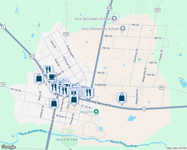 map of restaurants, bars, coffee shops, grocery stores, and more near 322 5th Street in Hico