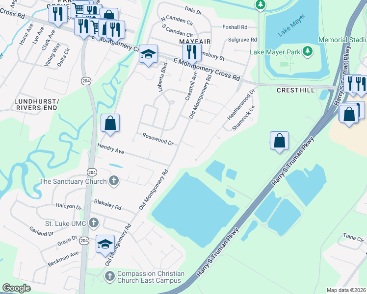 map of restaurants, bars, coffee shops, grocery stores, and more near 1622 Rosewood Drive in Savannah