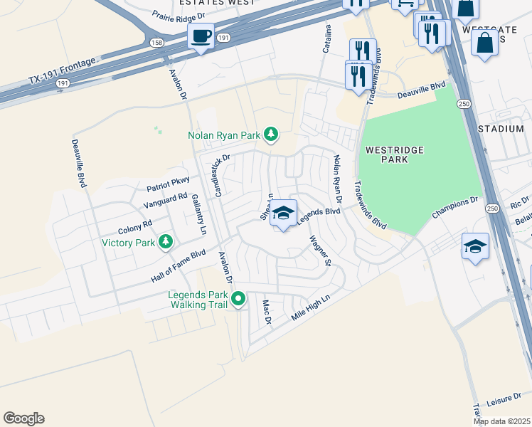 map of restaurants, bars, coffee shops, grocery stores, and more near Shea Lane in Midland