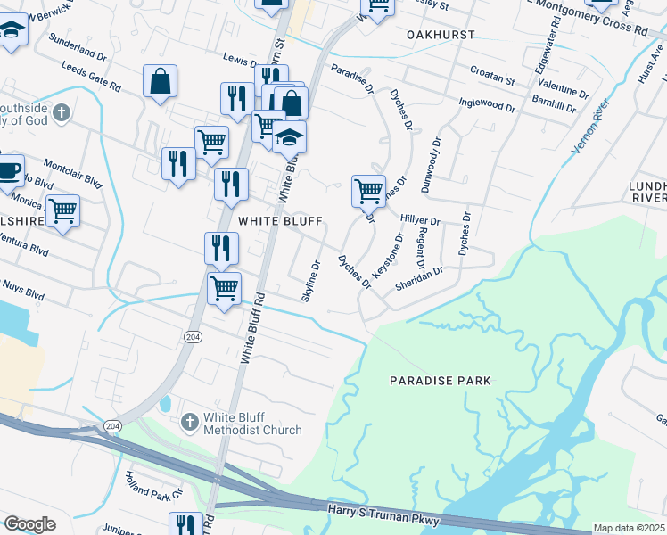 map of restaurants, bars, coffee shops, grocery stores, and more near 501 Dyches Drive in Savannah