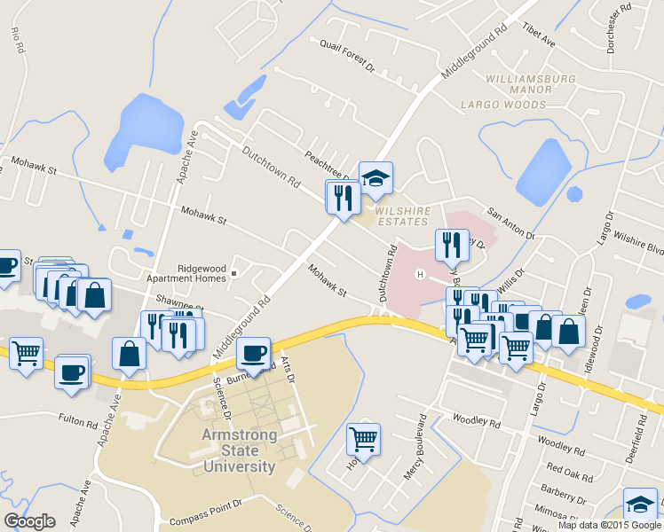 map of restaurants, bars, coffee shops, grocery stores, and more near 920 Mohawk Street in Savannah