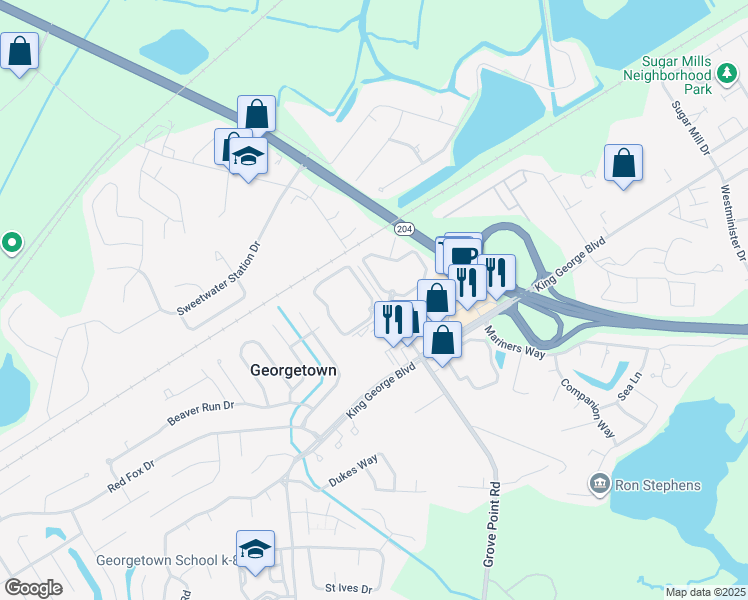 map of restaurants, bars, coffee shops, grocery stores, and more near 1825 Grove Point Road in Savannah