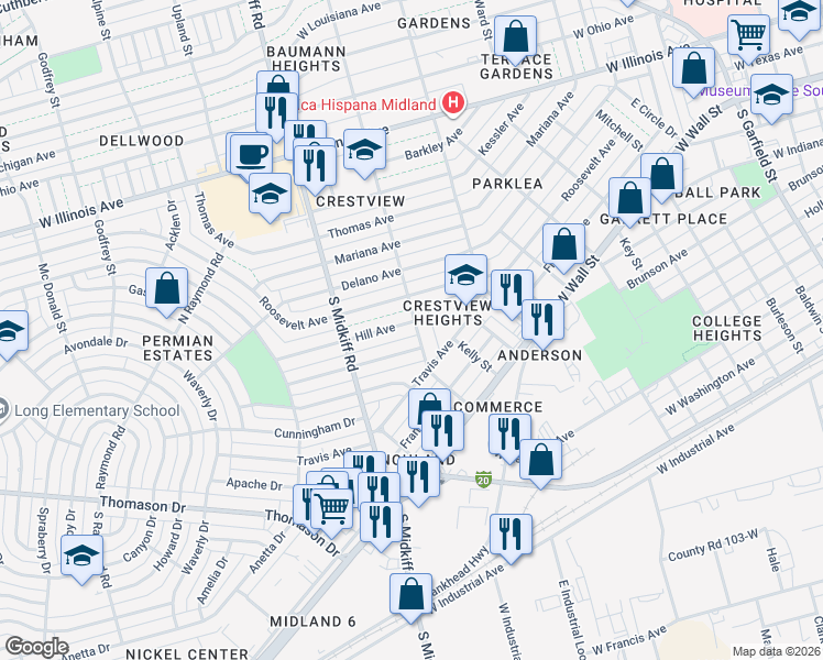 map of restaurants, bars, coffee shops, grocery stores, and more near 205 North Crestview Road in Midland