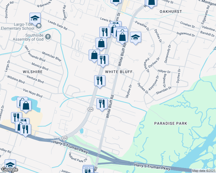 map of restaurants, bars, coffee shops, grocery stores, and more near 108 West Magnolia Avenue in Savannah