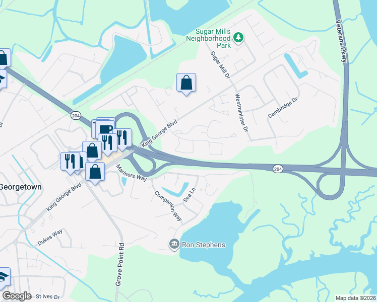 map of restaurants, bars, coffee shops, grocery stores, and more near 1 Saint George Boulevard in Savannah