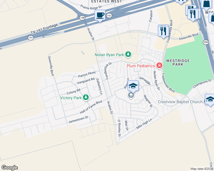 map of restaurants, bars, coffee shops, grocery stores, and more near 6220 Olympic Court in Midland