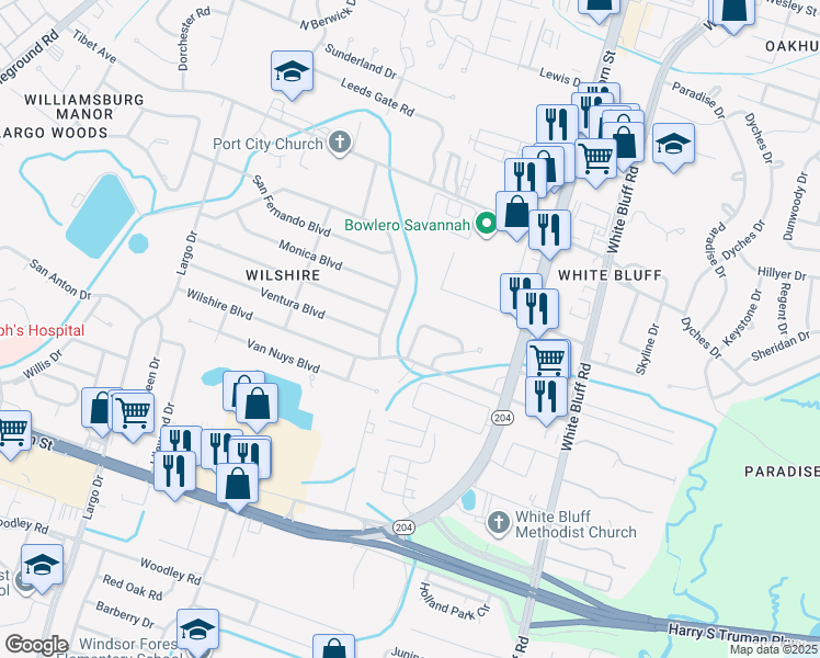 map of restaurants, bars, coffee shops, grocery stores, and more near 9 Del Mar Circle in Savannah