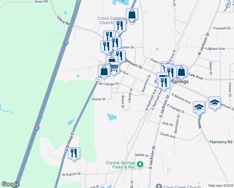 map of restaurants, bars, coffee shops, grocery stores, and more near 215 Churchill Street in Crystal Springs