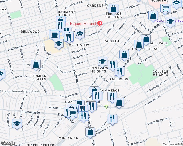 map of restaurants, bars, coffee shops, grocery stores, and more near 205 North Crestview Road in Midland