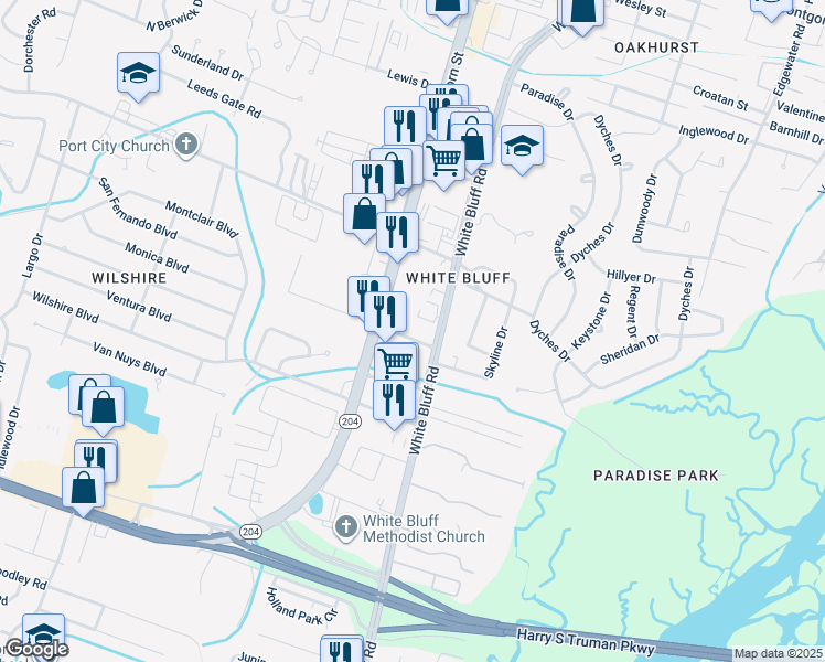 map of restaurants, bars, coffee shops, grocery stores, and more near 110 Magnolia Avenue in Savannah