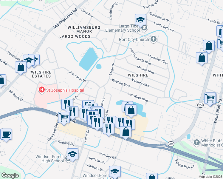 map of restaurants, bars, coffee shops, grocery stores, and more near 209 Van Nuys Boulevard in Savannah