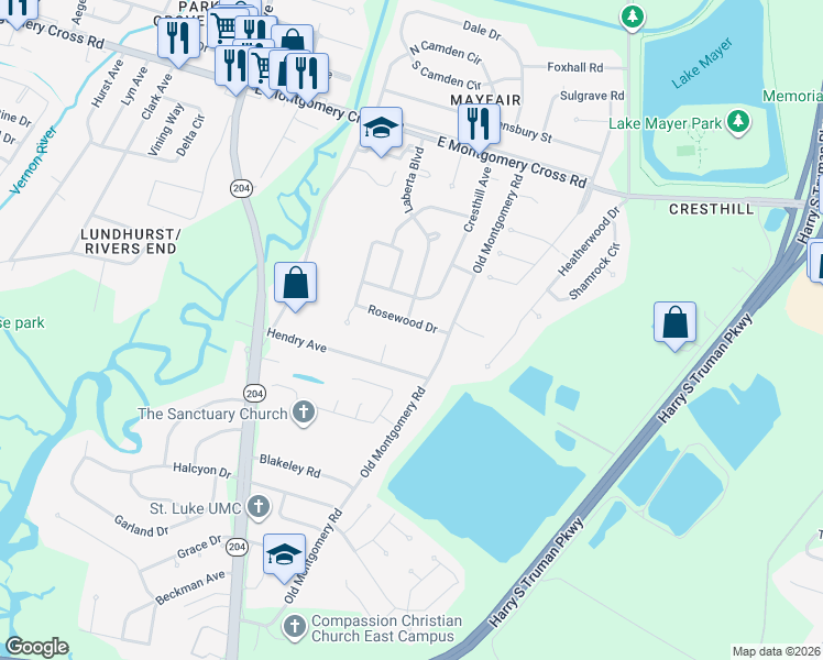 map of restaurants, bars, coffee shops, grocery stores, and more near 1603 Rosewood Drive in Savannah