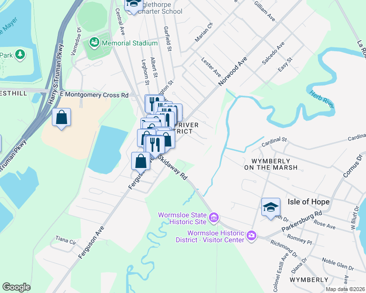 map of restaurants, bars, coffee shops, grocery stores, and more near 2117 Ridgewood Avenue in Savannah