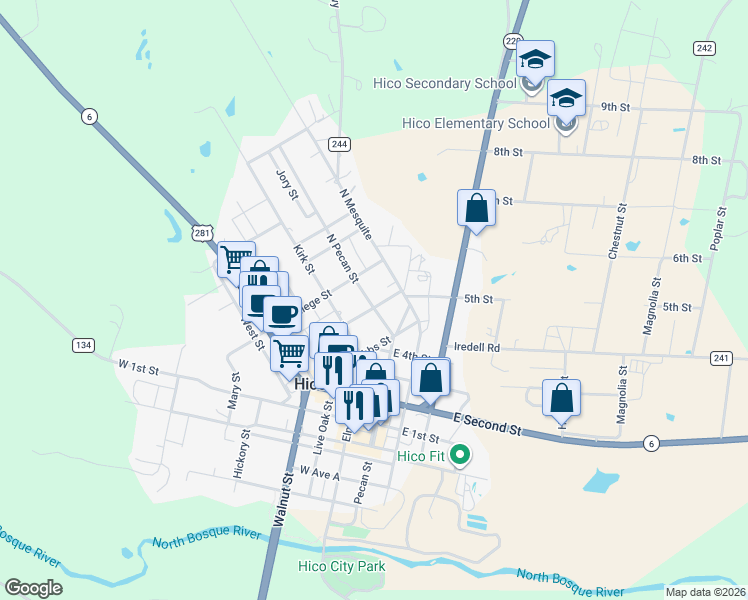 map of restaurants, bars, coffee shops, grocery stores, and more near 505 North Pecan Street in Hico