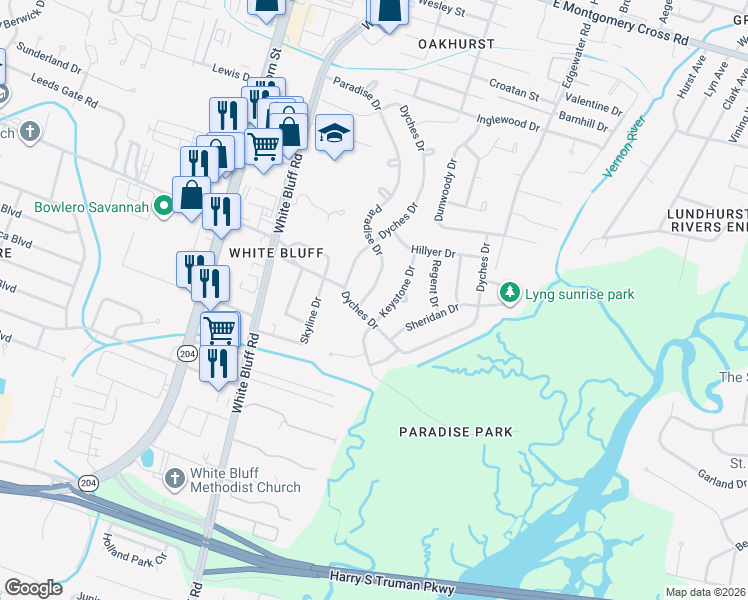 map of restaurants, bars, coffee shops, grocery stores, and more near 320 Paradise Drive in Savannah