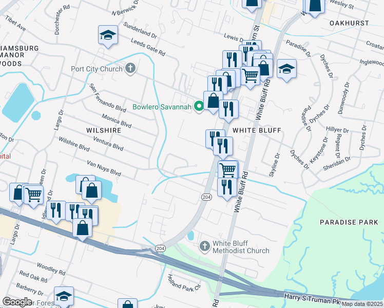 map of restaurants, bars, coffee shops, grocery stores, and more near 211 West Magnolia Avenue in Savannah