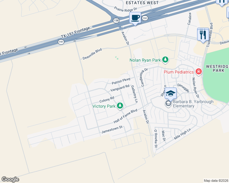 map of restaurants, bars, coffee shops, grocery stores, and more near 6513 Vanguard Road in Midland
