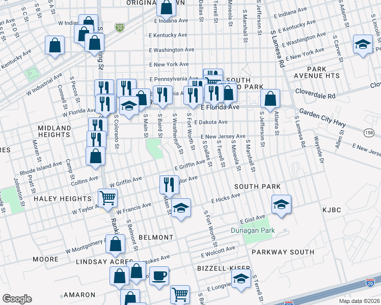 map of restaurants, bars, coffee shops, grocery stores, and more near 1212 South Fort Worth Street in Midland