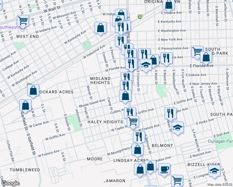 map of restaurants, bars, coffee shops, grocery stores, and more near 1109 Connell Street in Midland