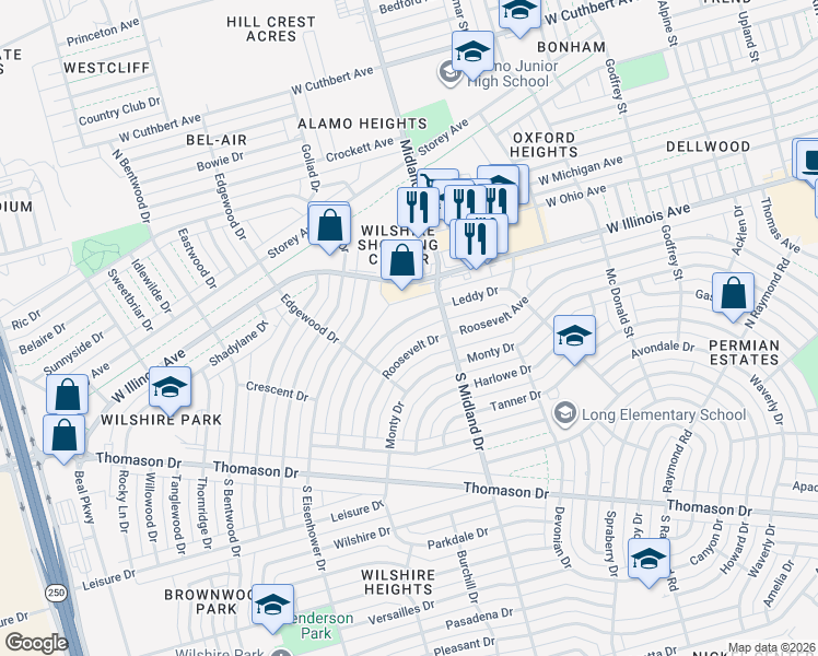 map of restaurants, bars, coffee shops, grocery stores, and more near 4413 Leddy Dr in Midland