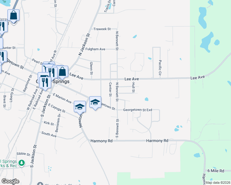 map of restaurants, bars, coffee shops, grocery stores, and more near 302 North Bennett Street in Crystal Springs
