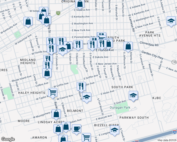 map of restaurants, bars, coffee shops, grocery stores, and more near 1212 S Fort Worth St in Midland