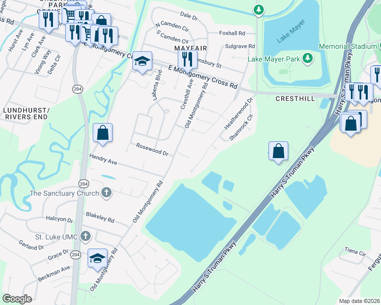 map of restaurants, bars, coffee shops, grocery stores, and more near 114 Five Oaks Court in Savannah