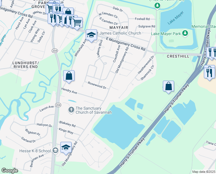 map of restaurants, bars, coffee shops, grocery stores, and more near 1622 Rosewood Drive in Savannah