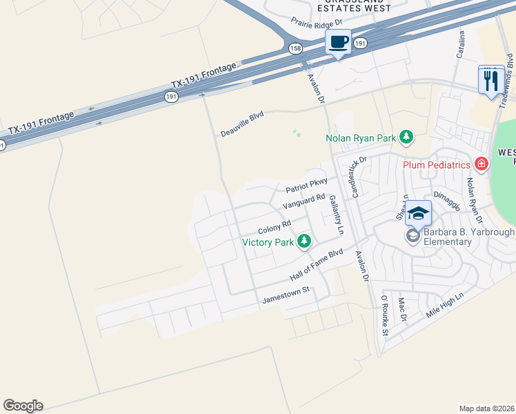 map of restaurants, bars, coffee shops, grocery stores, and more near Victory Parkway in Midland