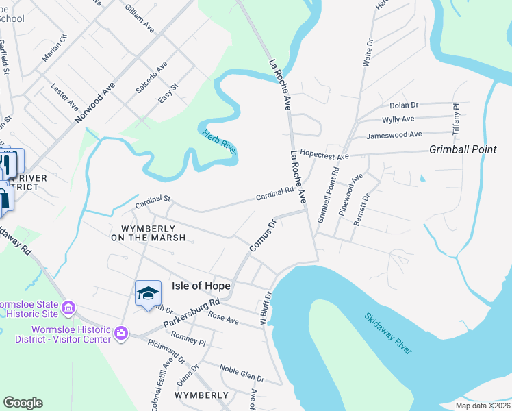 map of restaurants, bars, coffee shops, grocery stores, and more near 21 Cornus Drive in Savannah