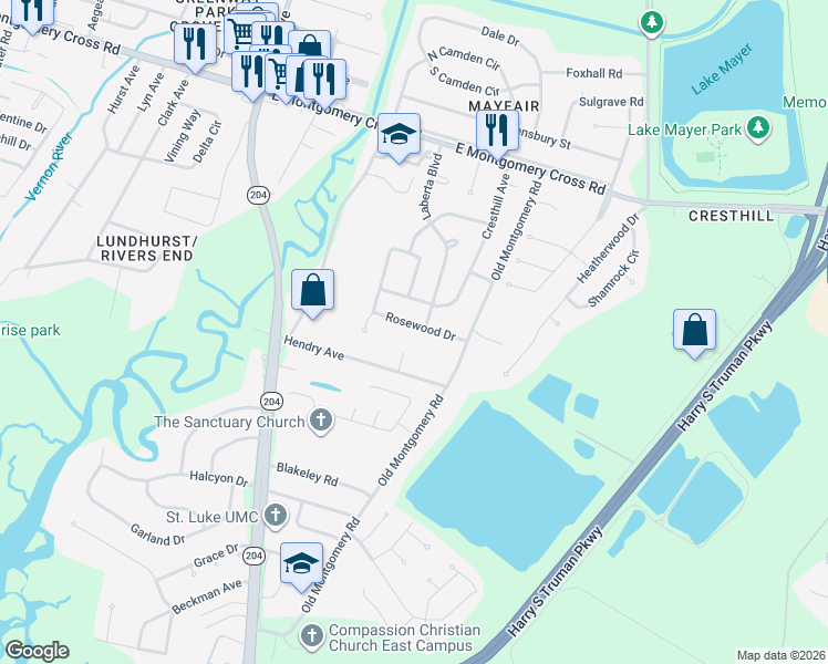 map of restaurants, bars, coffee shops, grocery stores, and more near 1603 Rosewood Drive in Savannah