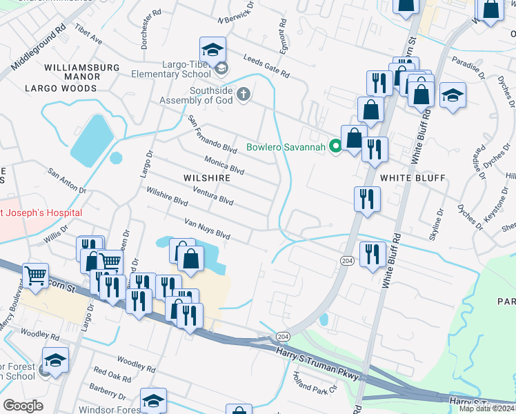 map of restaurants, bars, coffee shops, grocery stores, and more near 6 Ventura Boulevard in Savannah