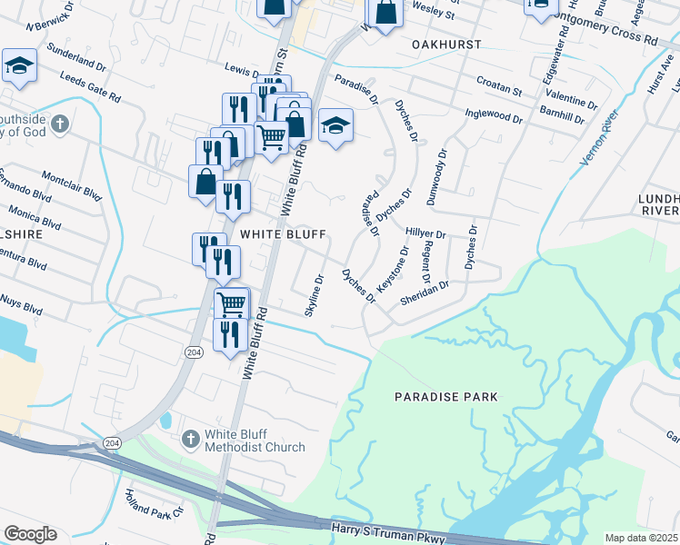 map of restaurants, bars, coffee shops, grocery stores, and more near 501 Dyches Drive in Savannah