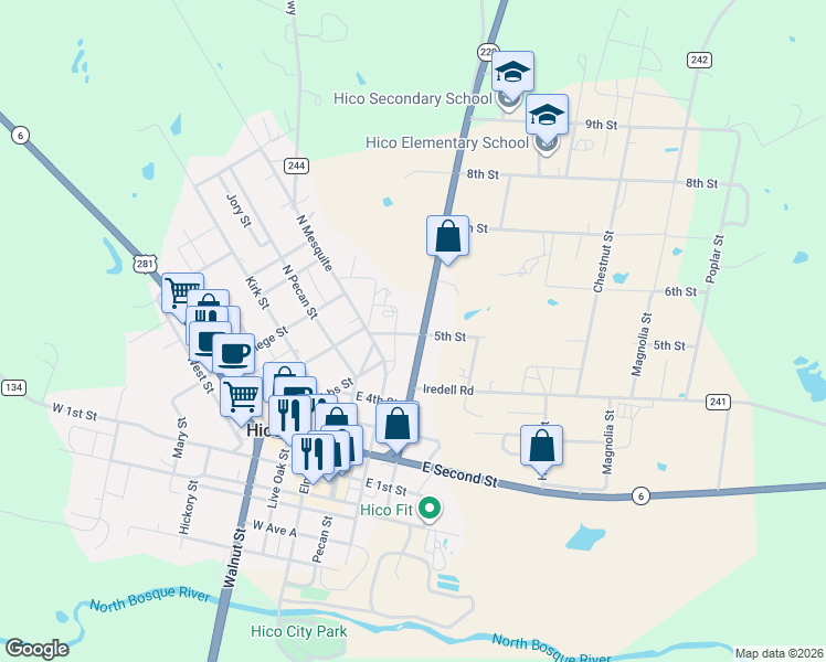 map of restaurants, bars, coffee shops, grocery stores, and more near 322 5th Street in Hico