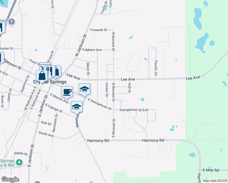 map of restaurants, bars, coffee shops, grocery stores, and more near 302 North Bennett Street in Crystal Springs