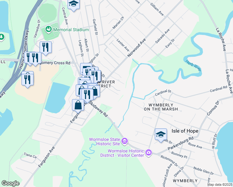 map of restaurants, bars, coffee shops, grocery stores, and more near Central Avenue in Savannah