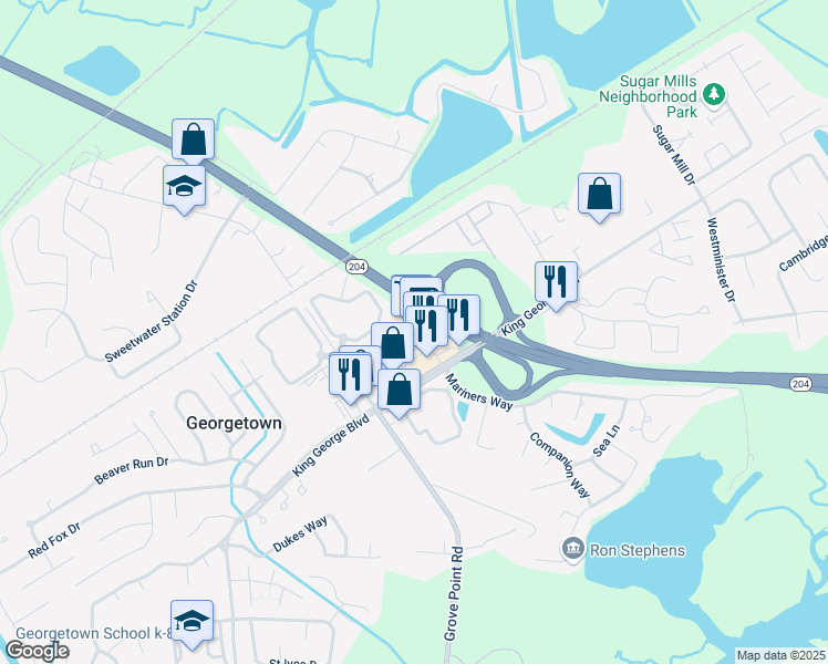 map of restaurants, bars, coffee shops, grocery stores, and more near 1040 King George Boulevard in Savannah