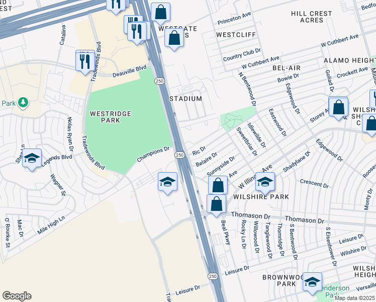 map of restaurants, bars, coffee shops, grocery stores, and more near 5208 Ric Drive in Midland