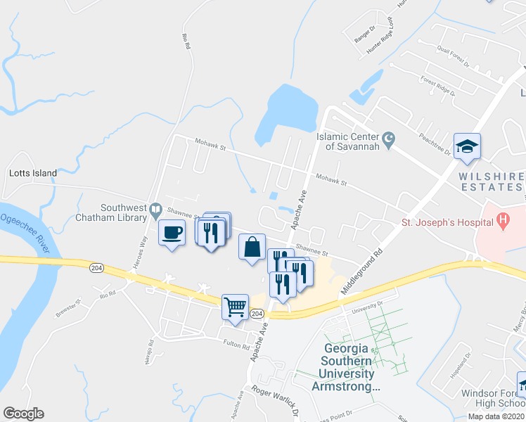 map of restaurants, bars, coffee shops, grocery stores, and more near 23 Hidden Lake Court in Savannah