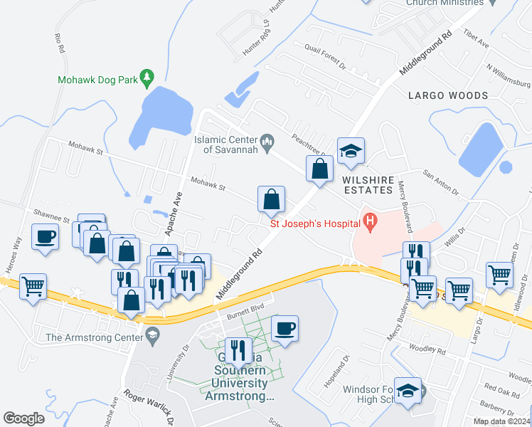 map of restaurants, bars, coffee shops, grocery stores, and more near 1011 Mohawk Street in Savannah