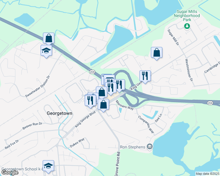 map of restaurants, bars, coffee shops, grocery stores, and more near 1040 King George Boulevard in Savannah