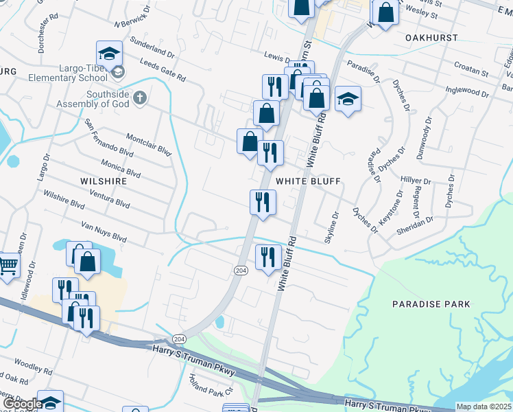 map of restaurants, bars, coffee shops, grocery stores, and more near 10417 Abercorn Extension in Savannah