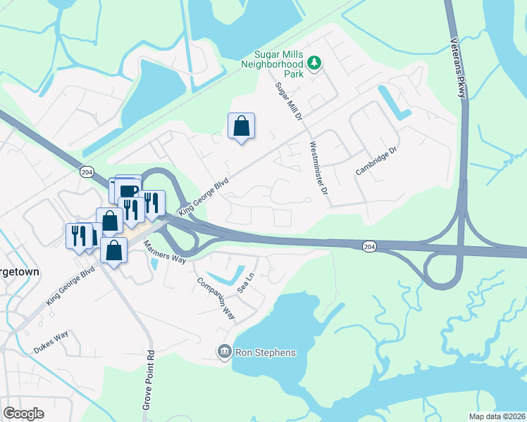 map of restaurants, bars, coffee shops, grocery stores, and more near 101 Saint George Boulevard in Savannah