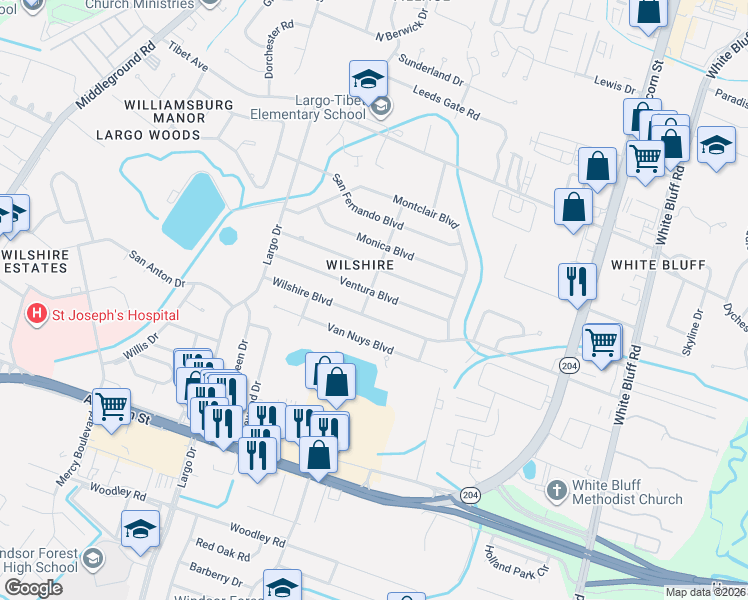 map of restaurants, bars, coffee shops, grocery stores, and more near 330 Wilshire Boulevard in Savannah