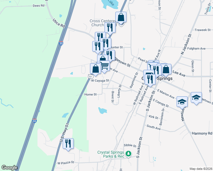 map of restaurants, bars, coffee shops, grocery stores, and more near 215 Churchill Street in Crystal Springs