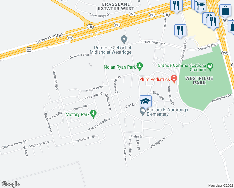 map of restaurants, bars, coffee shops, grocery stores, and more near Candlestick Drive in Midland