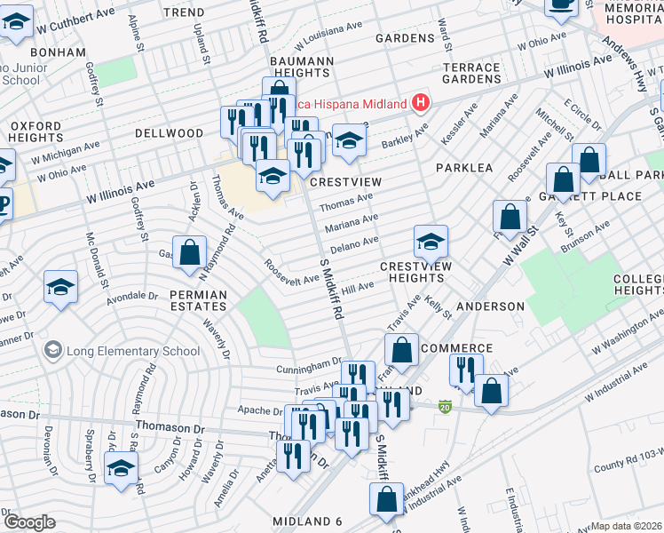 map of restaurants, bars, coffee shops, grocery stores, and more near 3227 Roosevelt Avenue in Midland