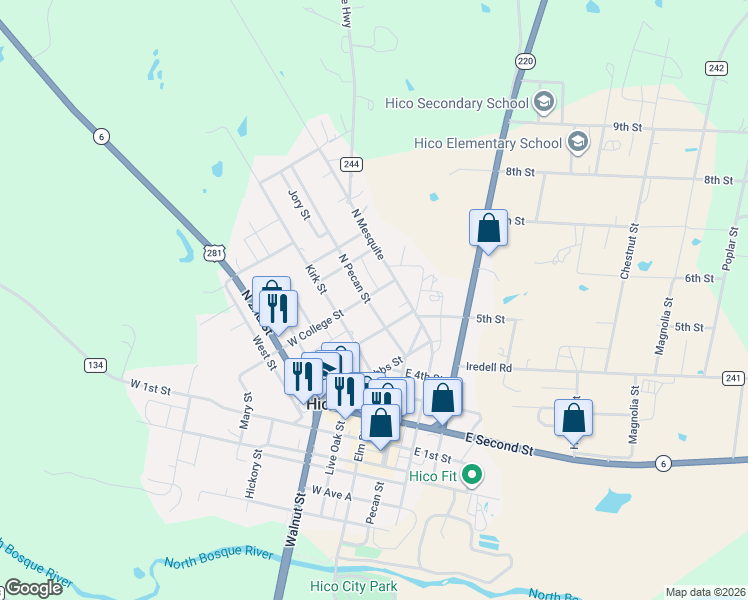 map of restaurants, bars, coffee shops, grocery stores, and more near 505 North Pecan Street in Hico